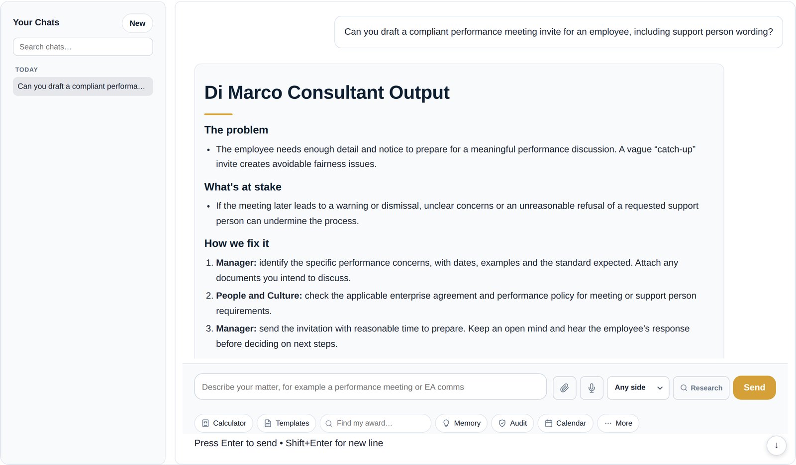 The Di Marco chat answering a question about a performance meeting invite. The answer gives the bottom line, the steps, a draft invite, risk flags and references. Below the message box are the calculator, templates, award finder, memory, compliance audit and calendar.